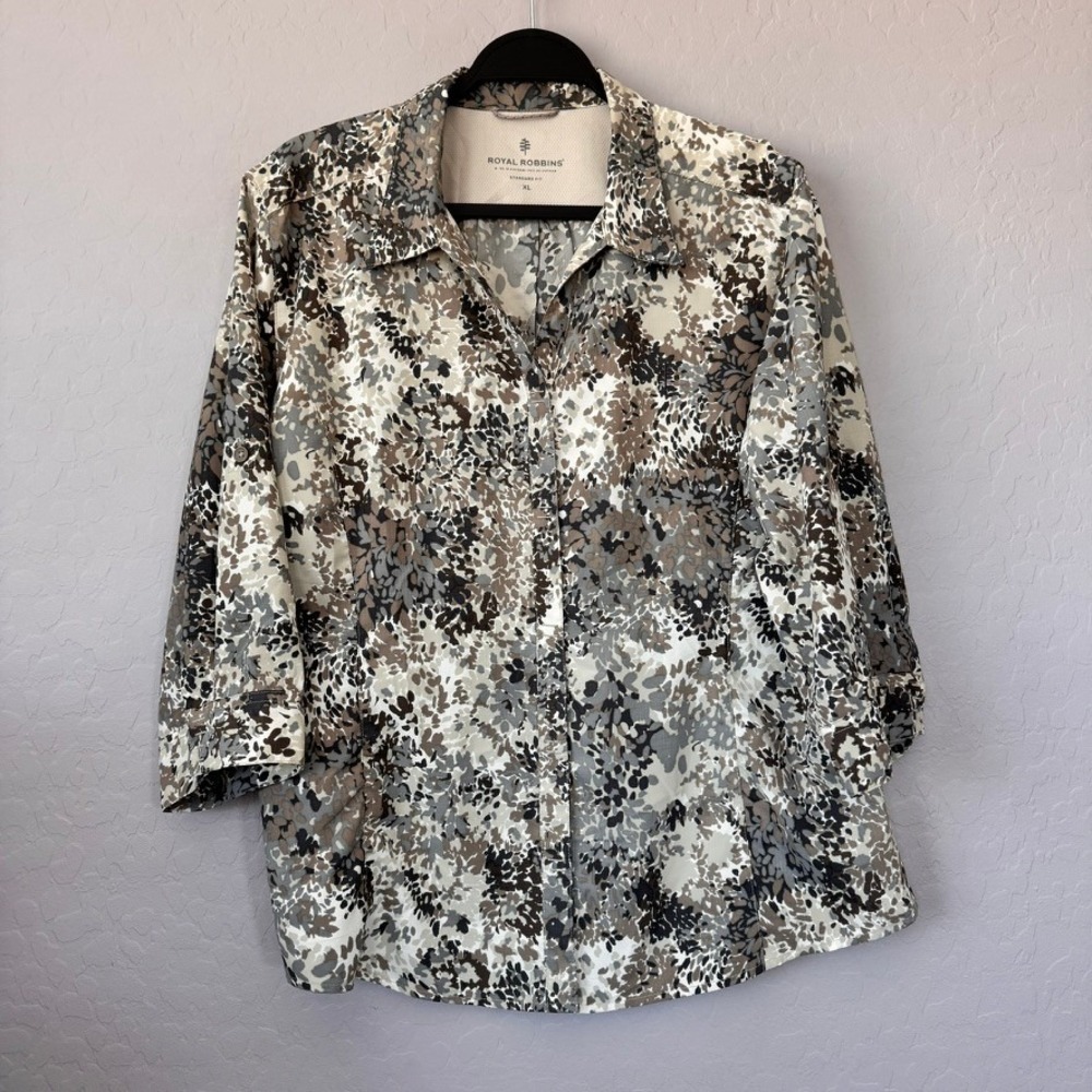 Royal Robbins XL Shirt Brown 3/4 Sleeve Snap Front Floral Ripstop Travel Top